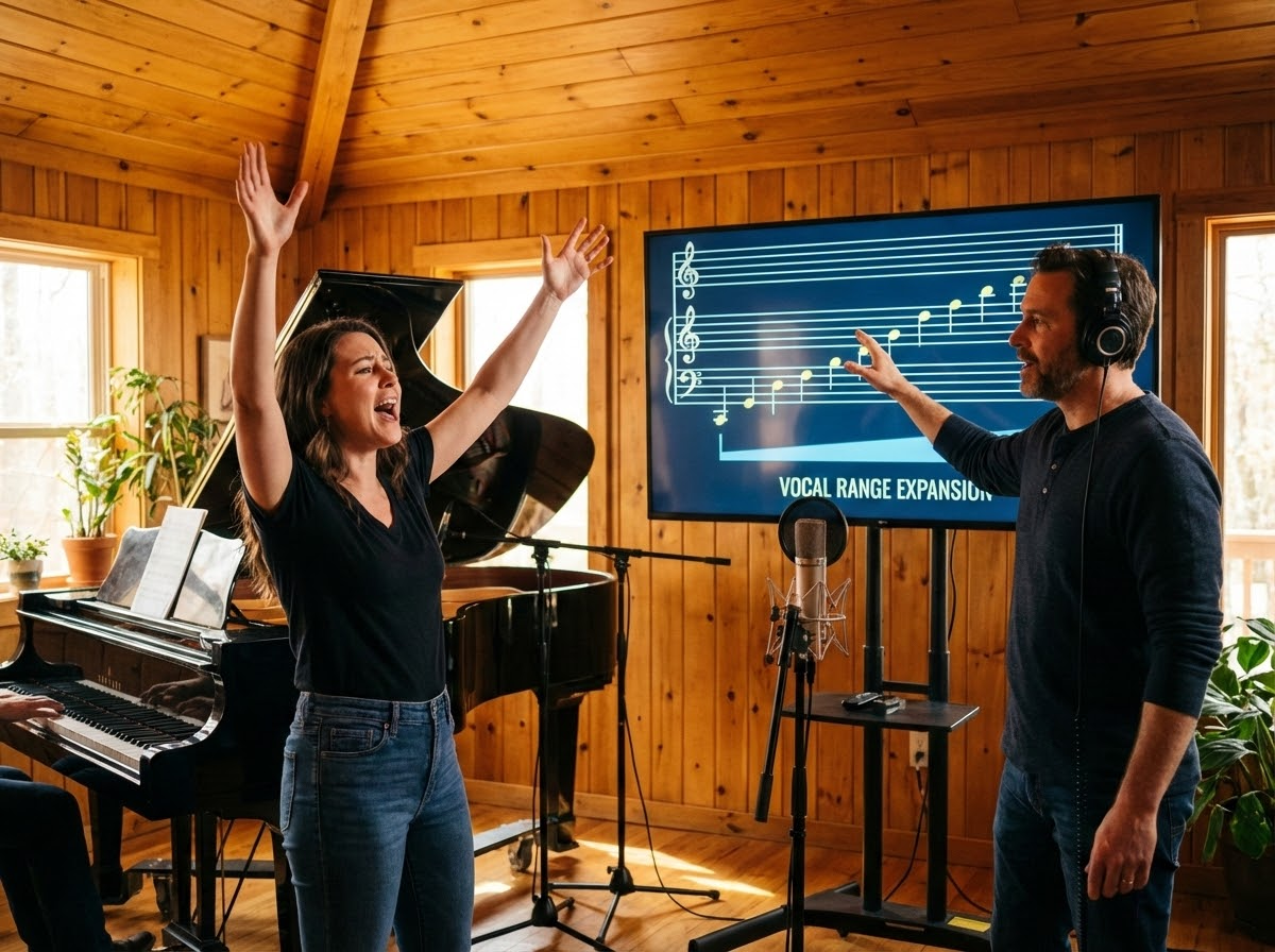 Cantante alcanzando notas agudas con técnica correcta