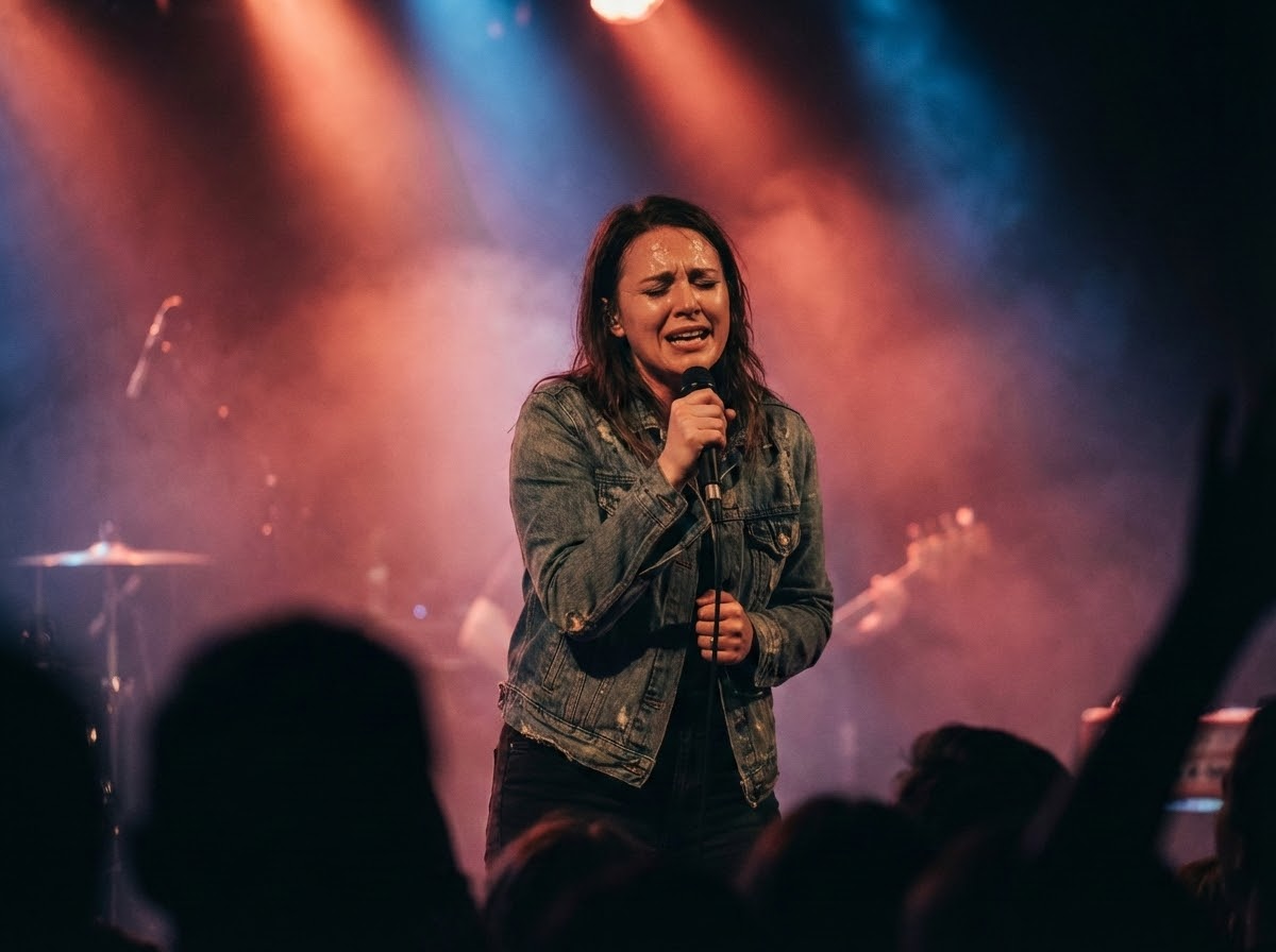 Cantante expresando emoción profunda al cantar