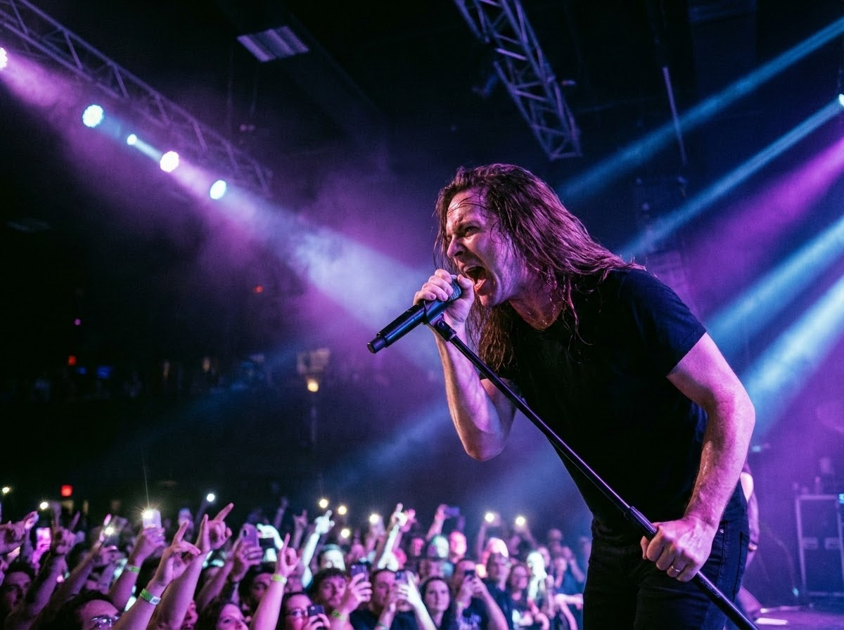 Cantante de rock interpretando con micrófono