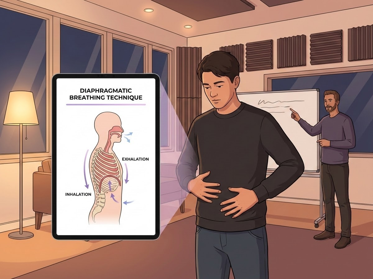 Cantante practicando técnica de respiración diafragmática